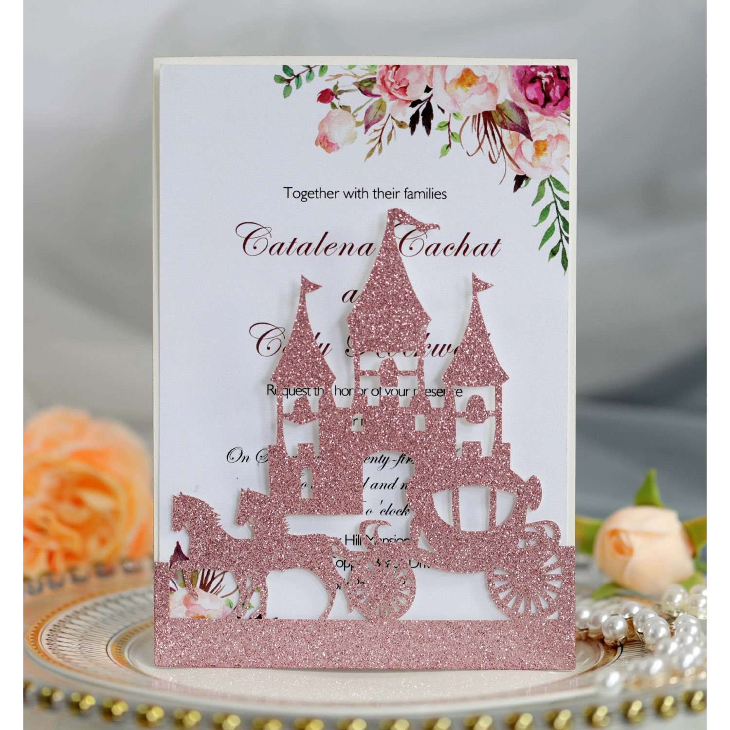 Wedding Card Design Laser Cut Castle And Carriage Invitation Glitter Card